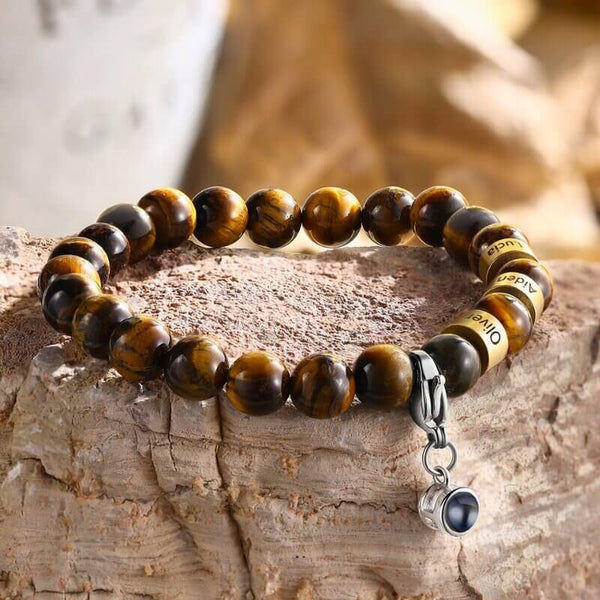 Photo Projection Bracelet with Picture Inside | Tiger Eye Stone Bracelet with 3 Name Beads
