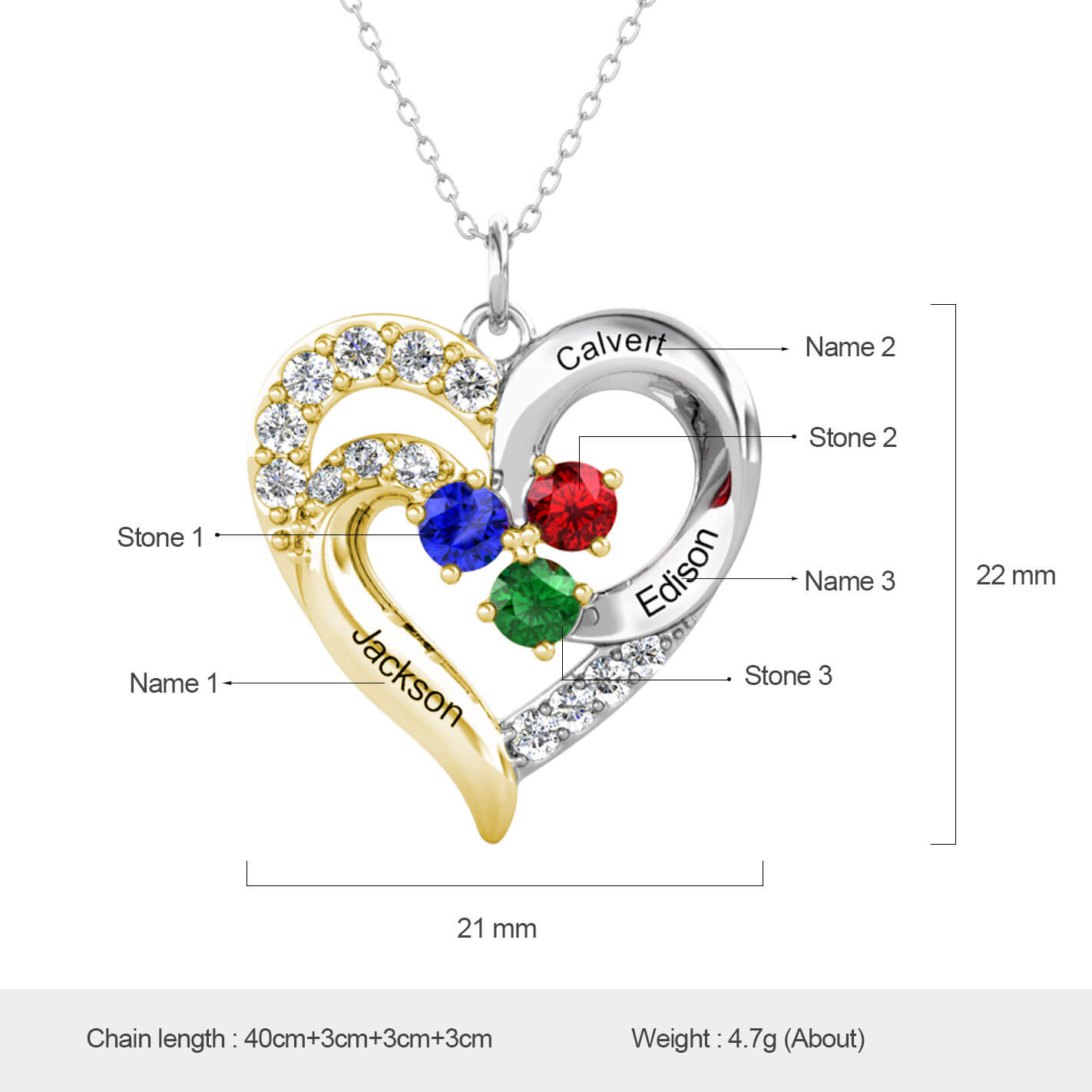 3 Birthstones 3 Name Necklace