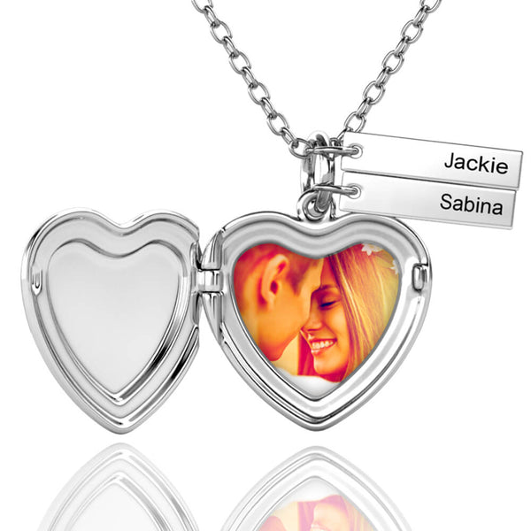 Heart Photo Locket Necklace with 2 Engraved Bar